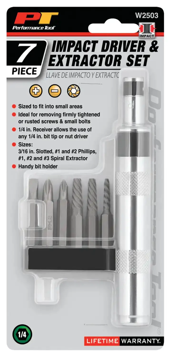 Perform Tool W2503 1/4" Impact Driver And Broken Bolt Extractor Set 1